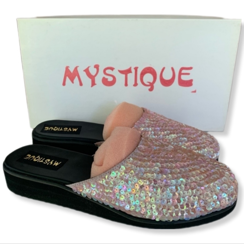 Mystique Boutique Seqiuned Slide On Slippers Shoes in Pink NIB Style #10005 3101